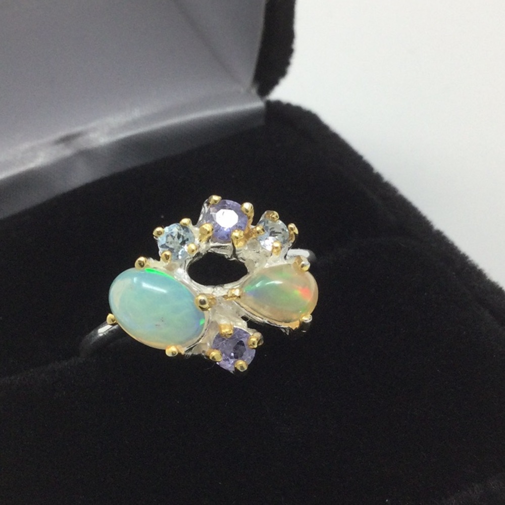 Genuine Fiery Opal & Tanzanite & Topaz Ring